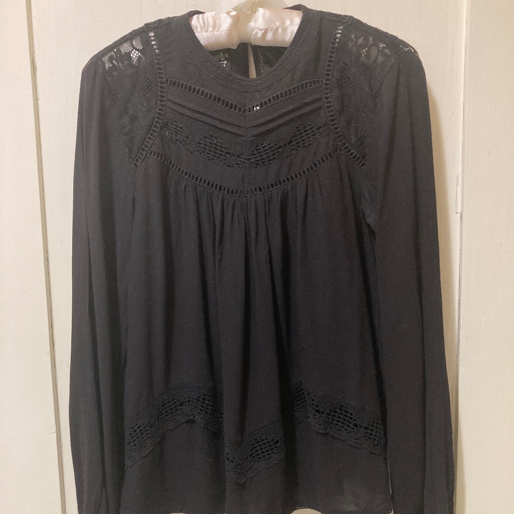 Superdry Women's Black Boho Peasant Lace, Crochet and Pintuck Shirt S